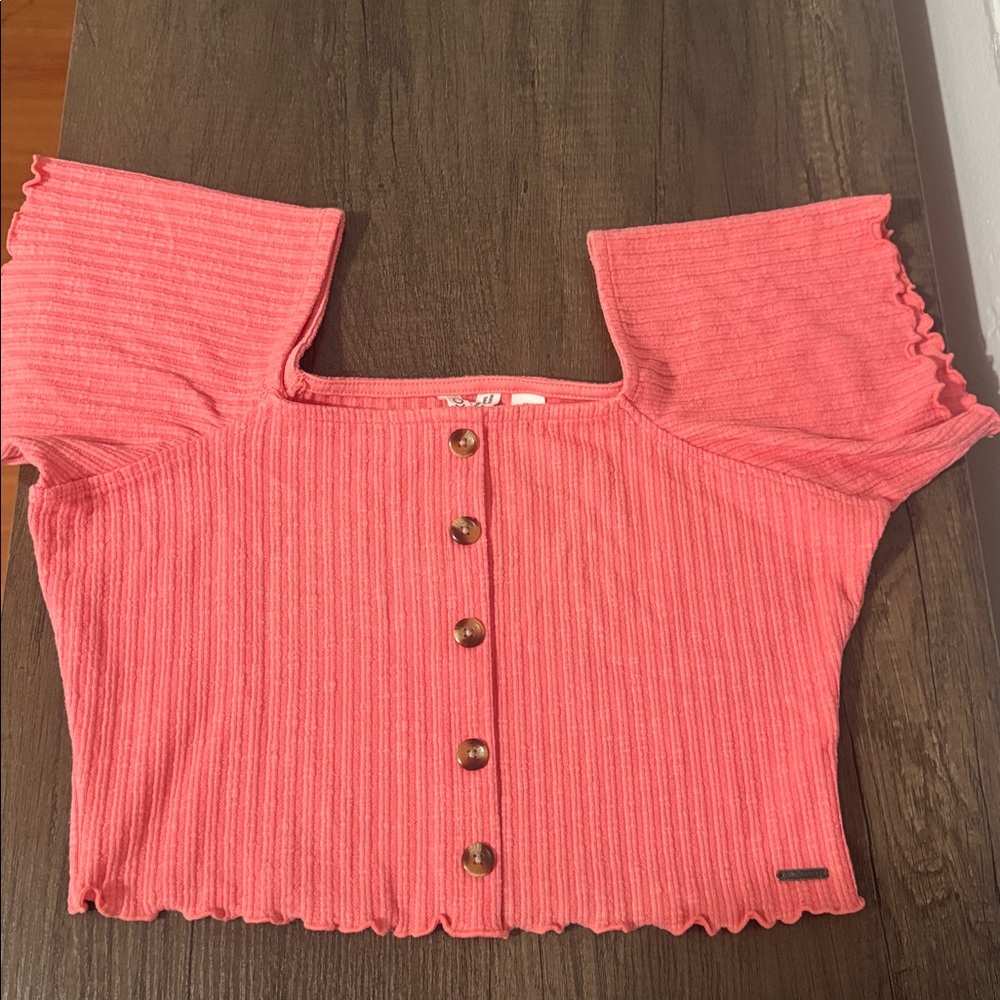 Roxy Coral Ribbed Square-Neck Crop Top with Button Front